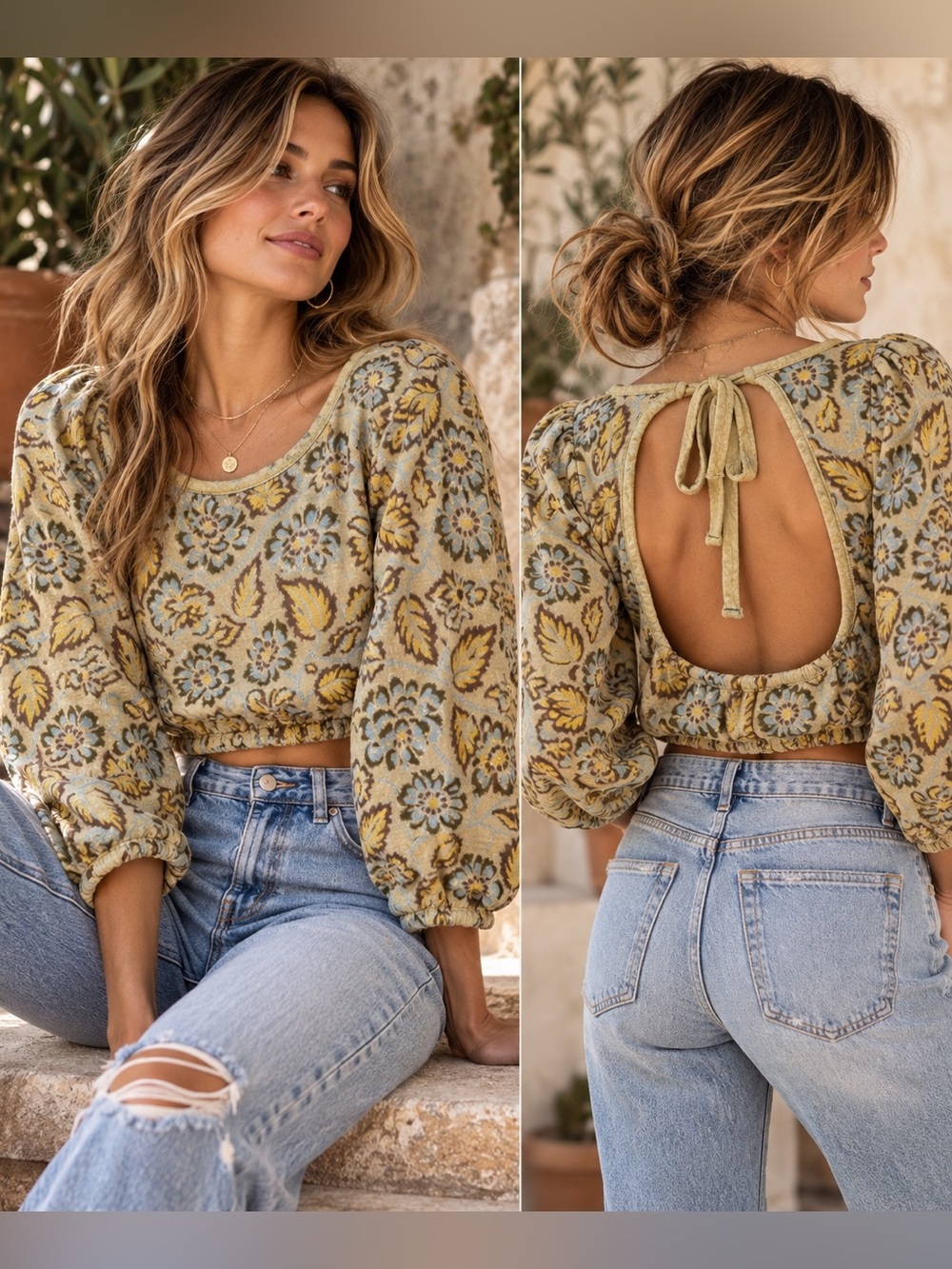 Free People No Ordinary Floral Jacquard Puff Sleeve Open Back Top M